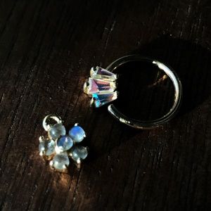 YG Moonstone Flower Charm & Mercury Mist Baguette Seam Ring Bundle